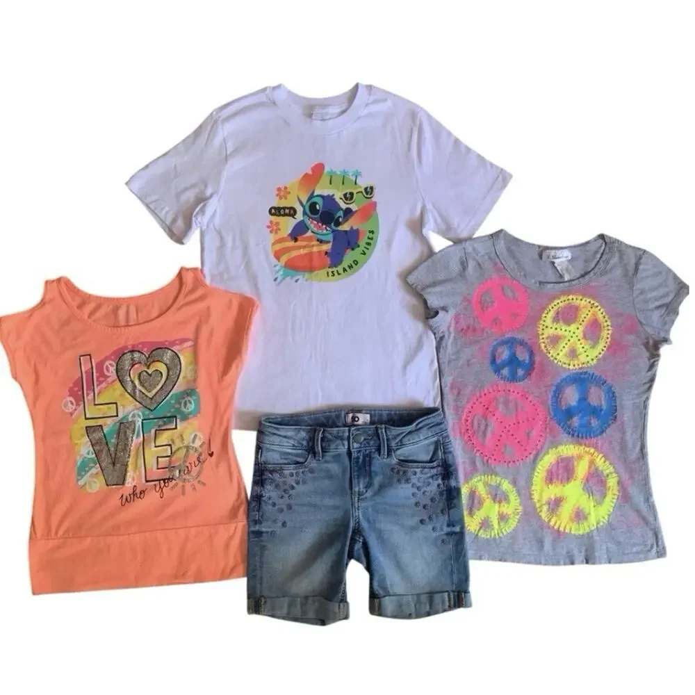 Girls Summer Clothing Lot Size 10/12 Peace Signs Stitch Denim Shorts Cute Bundle